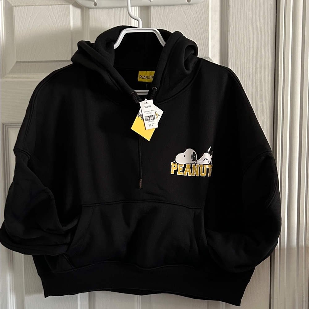 Peanuts Black Crop Top Hoodie with Yellow Accents